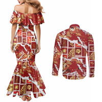 Hawaii Japanese Culture Red Couples Matching Mermaid Dress and Long Sleeve Button Shirt Spring Cranes Aloha Pattern LT01 - Polynesian Pride