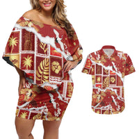 Hawaii Japanese Culture Red Couples Matching Off Shoulder Short Dress and Hawaiian Shirt Spring Cranes Aloha Pattern LT01 Red - Polynesian Pride