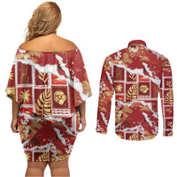 Hawaii Japanese Culture Red Couples Matching Off Shoulder Short Dress and Long Sleeve Button Shirt Spring Cranes Aloha Pattern LT01 - Polynesian Pride