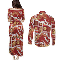 Hawaii Japanese Culture Red Couples Matching Puletasi and Long Sleeve Button Shirt Spring Cranes Aloha Pattern LT01 - Polynesian Pride