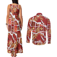 Hawaii Japanese Culture Red Couples Matching Tank Maxi Dress and Long Sleeve Button Shirt Spring Cranes Aloha Pattern LT01 - Polynesian Pride