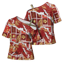 Hawaii Japanese Culture Red Cross Shoulder Shirt Spring Cranes Aloha Pattern LT01 - Polynesian Pride