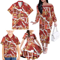 Hawaii Japanese Culture Red Family Matching Off The Shoulder Long Sleeve Dress and Hawaiian Shirt Spring Cranes Aloha Pattern
