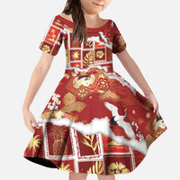 Hawaii Japanese Culture Red Kid Short Sleeve Dress Spring Cranes Aloha Pattern LT01 KID Red - Polynesian Pride
