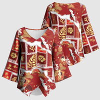 Hawaii Japanese Culture Red Kimono Sleeve Blouse Spring Cranes Aloha Pattern LT01 - Polynesian Pride