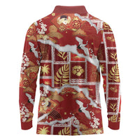 Hawaii Japanese Culture Red Long Sleeve Polo Shirt Spring Cranes Aloha Pattern LT01 - Polynesian Pride