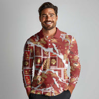 Hawaii Japanese Culture Red Long Sleeve Polo Shirt Spring Cranes Aloha Pattern LT01 - Polynesian Pride