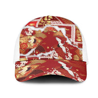 Hawaii Japanese Culture Red Mesh Trucker Cap Spring Cranes Aloha Pattern LT01 One Size White Red - Polynesian Pride