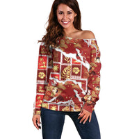 Hawaii Japanese Culture Red Off Shoulder Sweater Spring Cranes Aloha Pattern LT01 Women Red - Polynesian Pride