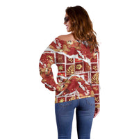 Hawaii Japanese Culture Red Off Shoulder Sweater Spring Cranes Aloha Pattern LT01 - Polynesian Pride