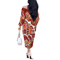 Hawaii Japanese Culture Red Off The Shoulder Long Sleeve Dress Spring Cranes Aloha Pattern LT01 - Polynesian Pride