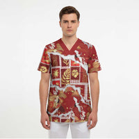 Hawaii Japanese Culture Red Scrub Top Spring Cranes Aloha Pattern LT01 - Polynesian Pride