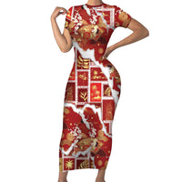 Hawaii Japanese Culture Red Short Sleeve Bodycon Dress Spring Cranes Aloha Pattern LT01 Long Dress Red - Polynesian Pride