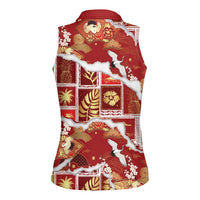 Hawaii Japanese Culture Red Women Sleeveless Polo Shirt Spring Cranes Aloha Pattern LT01 - Polynesian Pride