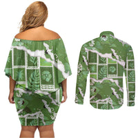 Hawaii Japanese Culture Sage Green Couples Matching Off Shoulder Short Dress and Long Sleeve Button Shirt Spring Cranes Aloha Pattern LT01 - Polynesian Pride