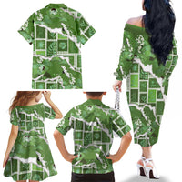 Hawaii Japanese Culture Sage Green Family Matching Off The Shoulder Long Sleeve Dress and Hawaiian Shirt Spring Cranes Aloha Pattern