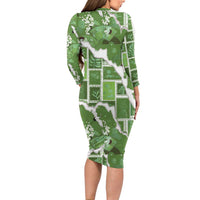 Hawaii Japanese Culture Sage Green Long Sleeve Bodycon Dress Spring Cranes Aloha Pattern LT01 - Polynesian Pride