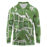 Hawaii Japanese Culture Sage Green Long Sleeve Polo Shirt Spring Cranes Aloha Pattern LT01 Sage - Polynesian Pride