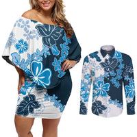 Blue Hibiscus Plumeria Floral Couples Matching Off Shoulder Short Dress and Long Sleeve Button Shirt LT01 Blue - Polynesian Pride