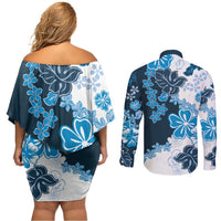 Blue Hibiscus Plumeria Floral Couples Matching Off Shoulder Short Dress and Long Sleeve Button Shirt LT01 - Polynesian Pride