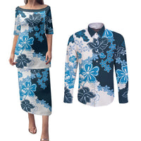 Blue Hibiscus Plumeria Floral Couples Matching Puletasi and Long Sleeve Button Shirt LT01 Blue - Polynesian Pride