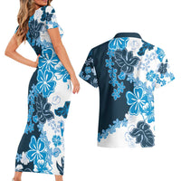 Blue Hibiscus Plumeria Floral Couples Matching Short Sleeve Bodycon Dress and Hawaiian Shirt - Polynesian Pride