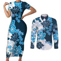 Blue Hibiscus Plumeria Floral Couples Matching Short Sleeve Bodycon Dress and Long Sleeve Button Shirt - Polynesian Pride