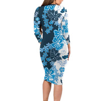 Blue Hibiscus Plumeria Floral Family Matching Long Sleeve Bodycon Dress and Hawaiian Shirt - Polynesian Pride
