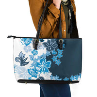 Blue Hibiscus Plumeria Floral Leather Tote Bag - Polynesian Pride