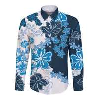 Blue Hibiscus Plumeria Floral Long Sleeve Button Shirt LT01 Unisex Blue - Polynesian Pride
