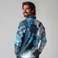Blue Hibiscus Plumeria Floral Long Sleeve Polo Shirt LT01 - Polynesian Pride