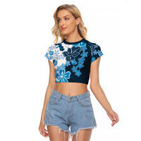 Blue Hibiscus Plumeria Floral Raglan Cropped T Shirt LT01 Female Blue - Polynesian Pride