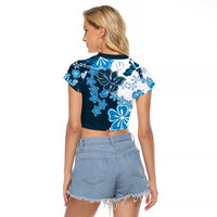 Blue Hibiscus Plumeria Floral Raglan Cropped T Shirt LT01 - Polynesian Pride