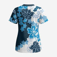 Blue Hibiscus Plumeria Floral Scrub Top LT01 - Polynesian Pride