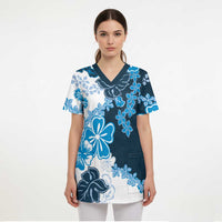 Blue Hibiscus Plumeria Floral Scrub Top LT01 - Polynesian Pride
