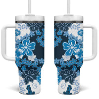 Blue Hibiscus Plumeria Floral Tumbler With Handle - Polynesian Pride