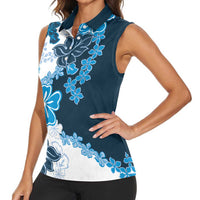 Blue Hibiscus Plumeria Floral Women Sleeveless Polo Shirt - Polynesian Pride