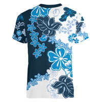 Blue Hibiscus Plumeria Floral Women V-Neck T-Shirt - Polynesian Pride