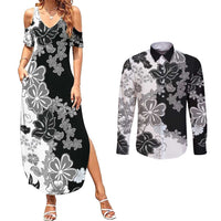 Gray Scale Hibiscus Plumeria Floral Couples Matching Summer Maxi Dress and Long Sleeve Button Shirt LT01 Black - Polynesian Pride