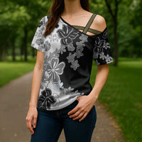Gray Scale Hibiscus Plumeria Floral Cross Shoulder Shirt LT01 - Polynesian Pride