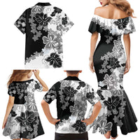 Gray Scale Hibiscus Plumeria Floral Family Matching Mermaid Dress and Hawaiian Shirt - Polynesian Pride