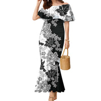 Gray Scale Hibiscus Plumeria Floral Family Matching Mermaid Dress and Hawaiian Shirt - Polynesian Pride