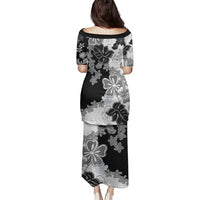 Gray Scale Hibiscus Plumeria Floral Family Matching Puletasi and Hawaiian Shirt - Polynesian Pride