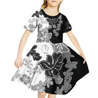Gray Scale Hibiscus Plumeria Floral Kid Short Sleeve Dress - Polynesian Pride