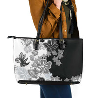 Gray Scale Hibiscus Plumeria Floral Leather Tote Bag - Polynesian Pride