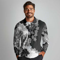 Gray Scale Hibiscus Plumeria Floral Long Sleeve Polo Shirt LT01 - Polynesian Pride