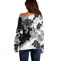 Gray Scale Hibiscus Plumeria Floral Off Shoulder Sweater - Polynesian Pride