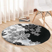 Gray Scale Hibiscus Plumeria Floral Round Carpet - Polynesian Pride