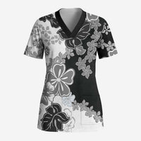 Gray Scale Hibiscus Plumeria Floral Scrub Top LT01 Adult Black - Polynesian Pride