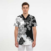 Gray Scale Hibiscus Plumeria Floral Scrub Top LT01 - Polynesian Pride